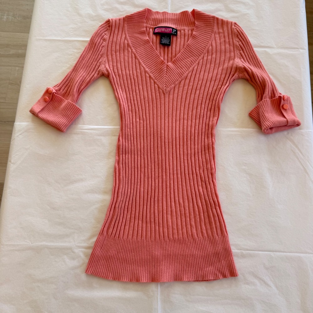 Say What V-Neck Sweater Womens Small Pink Y2K Ribbed Cuffed Button Sleeve Top